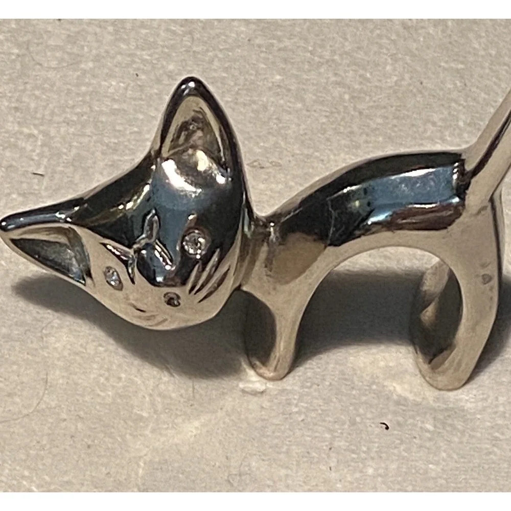 Silver Cat Ring Holder with Long Tail and Rhinestone Eyes MCM Figurine Vtg